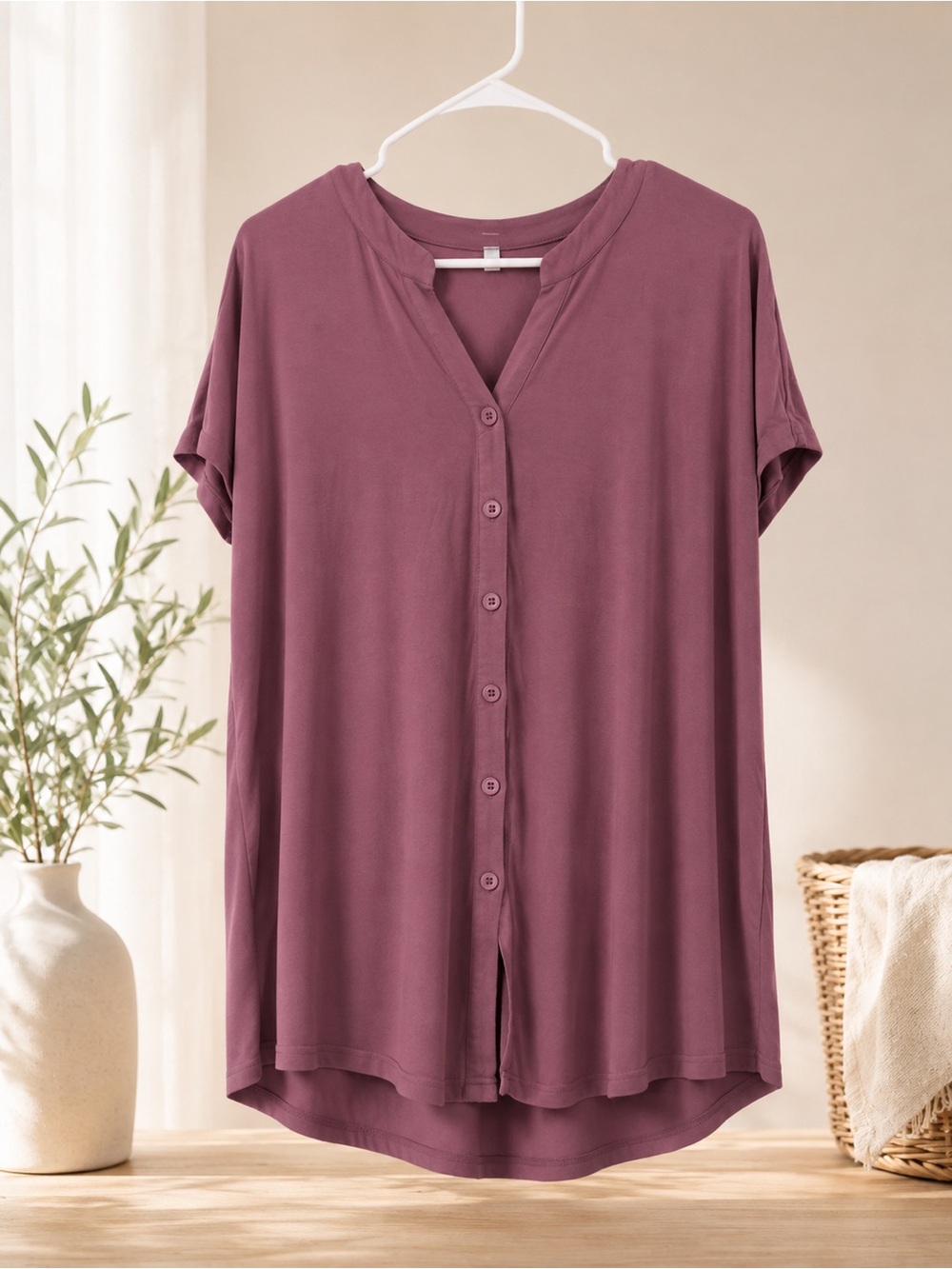 Women's Button-Front Short Sleeve Top - Dusty Rose